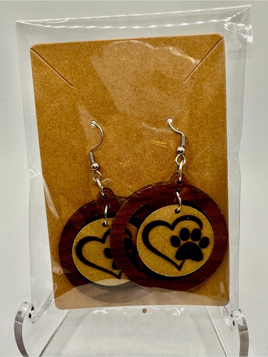 Jewelry - Wooden Paw Heart Earrings - Brown and Tan Pet Lover Jewelry